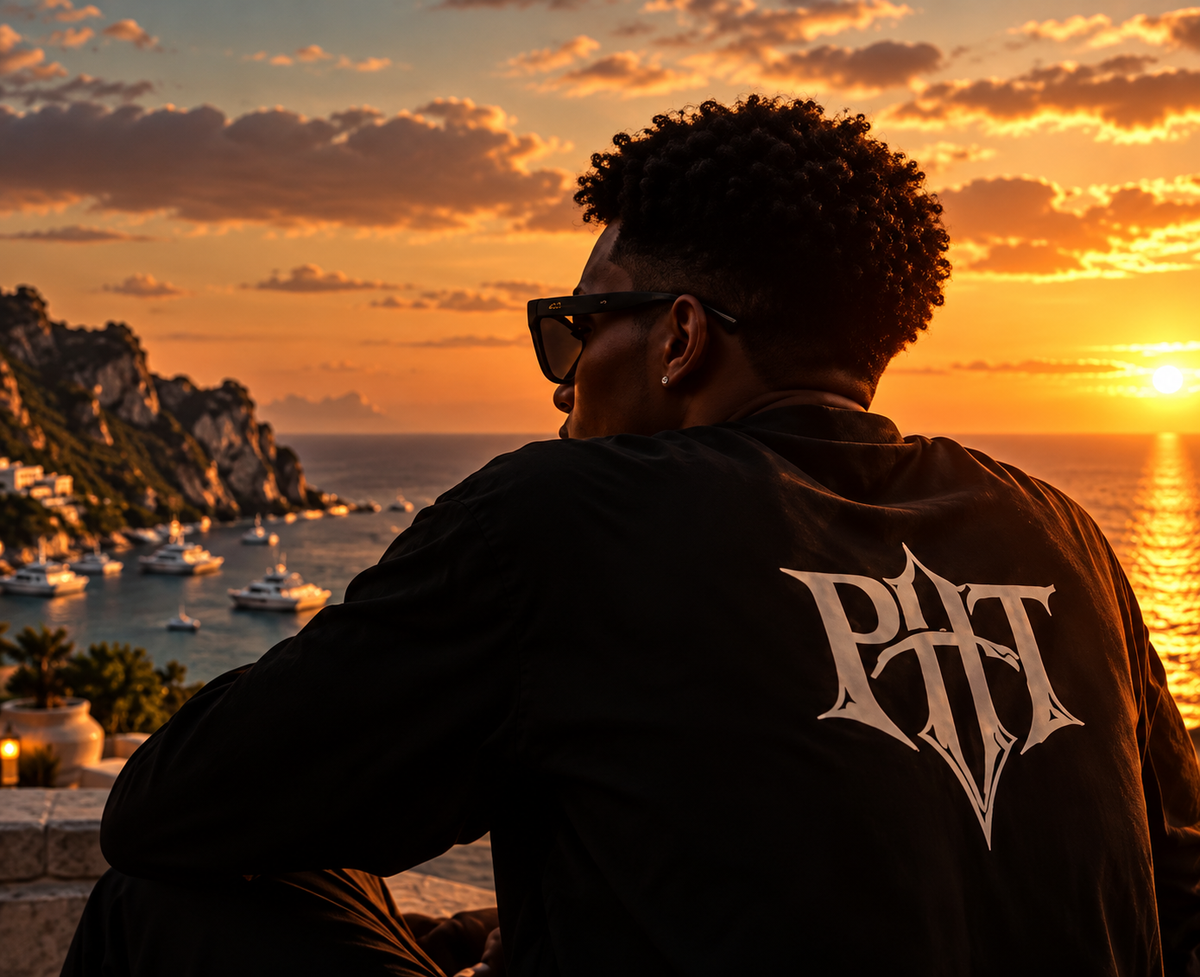 Homme de dos portant le t-shirt Prophète face au coucher de soleil